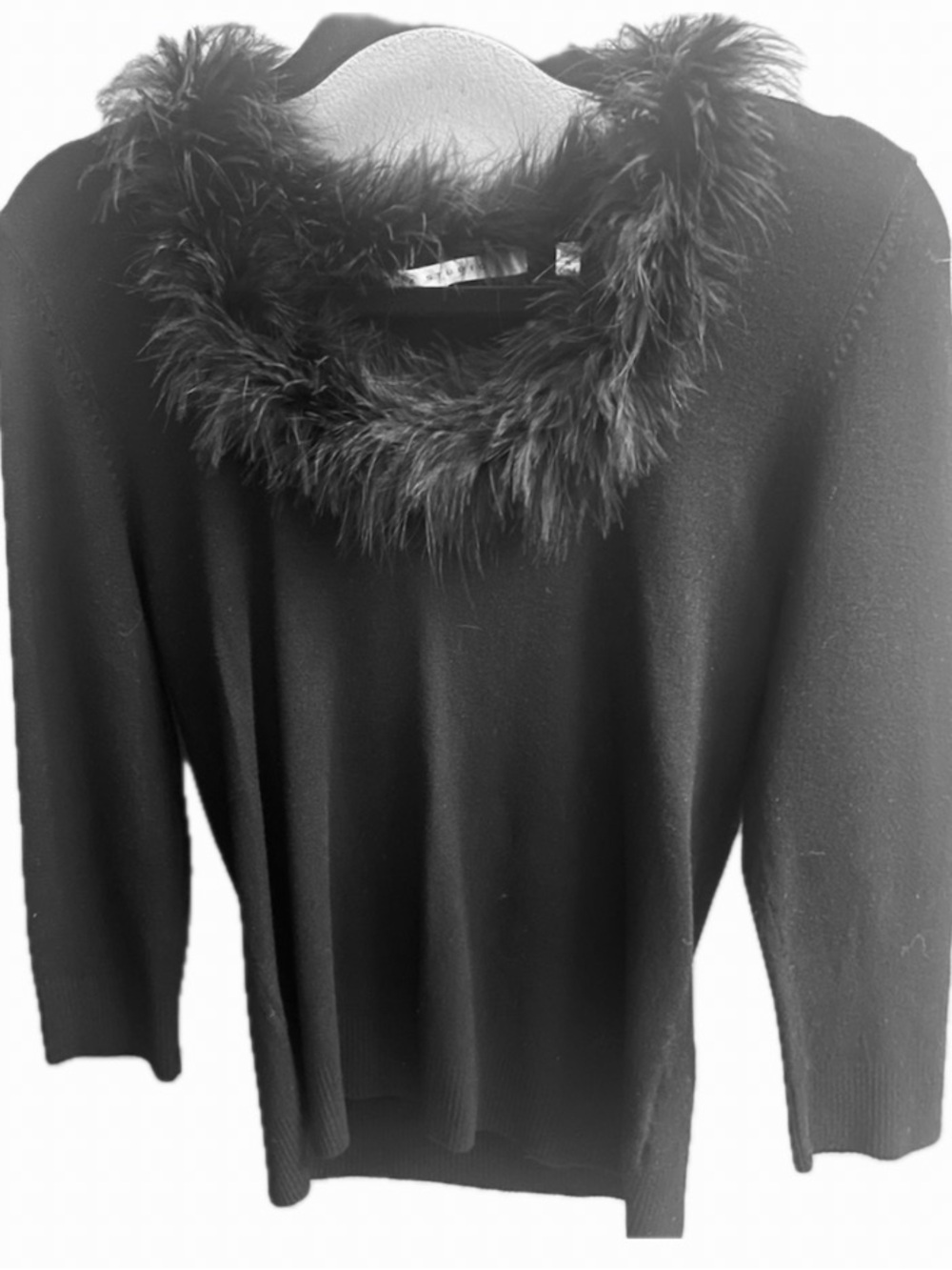 Max Studio Black fox fur faux feathered stretch tight sweater vintage Y2K Sexy